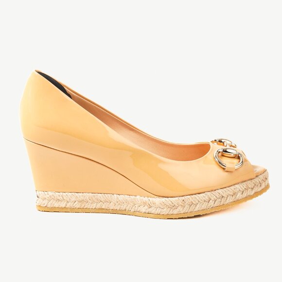 Gucci Silver Bit Peep-Toe Nude Patent Leather Wedge Espadrille - Picture 1 of 11